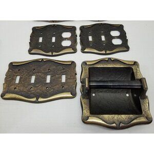 4 Pc Set Light Switch Outlet Covers Toilet Roll Dispenser Brown Gold Hammered Me